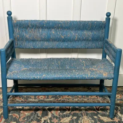 Vintage Distressed Pained Blue Wood Bench With Rush Seat, Back And Arms