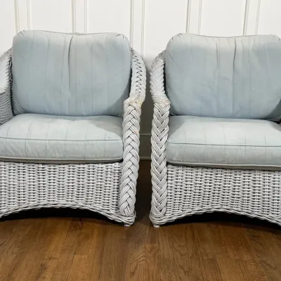 Pair Of Periwinkle Painted Wicker Armchairs With Coordinating Cushions