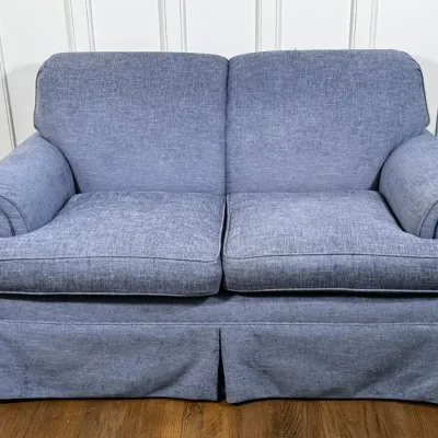 Custom Blue Fabric Upholstered Loveseat - Shows Some Signs Of Use (2 Of 2)