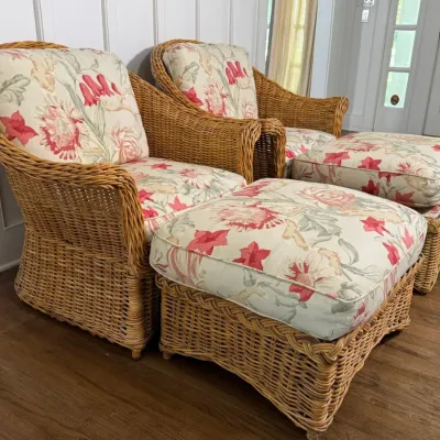 Pair Of Vintage Wicker Armchairs With Pair Of Ottomans