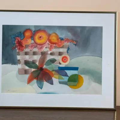 Framed, Signed Watercolor On Paper - Basket & Flowers By Anton Mandat