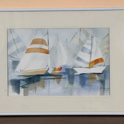 Framed, Signed Watercolor On Paper - Sailing By Miriam Saksida Pezdirc