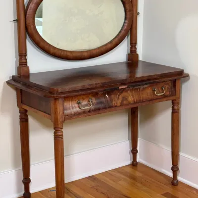 Antique Wood Makeup Desk With Oval Mirror