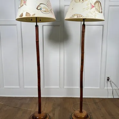 Pair Of Bamboo Floor Lamps With Two Bulbs Each, Brass Bases & Fish Motif Shades
