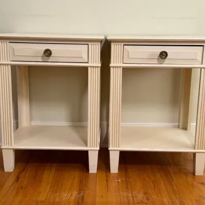 Pair Of Painted Cream Wood Single Drawer Nightstands With Brass Pulls