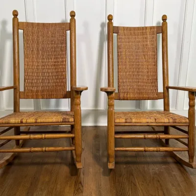 Pair Of Turned Oak Rocking Chairs With Rush Seat & Back