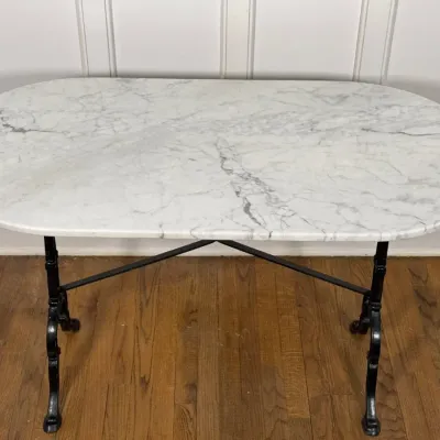 Pill Shaped Carrara Marble Top Table With Cast Iron Base