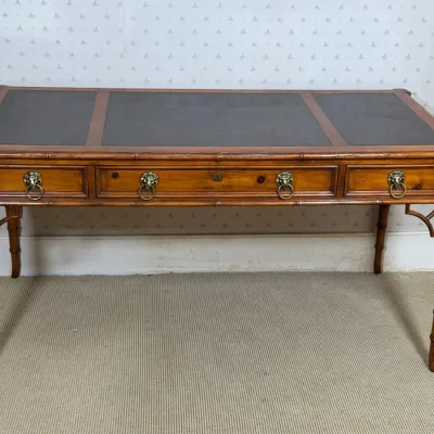 Vintage Bamboo & Pine Desk With Leather Top Inserts & Brass Lion Detail