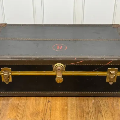 Antique Leather-Wrapped Steamer Trunk With Internal Divider, Nailhead Detail & Brass Trim