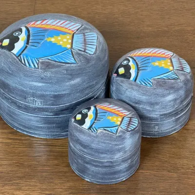 Trio Of Handpainted Wood Storage Containers - Fish Motif