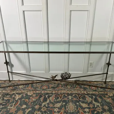 Giacometti Style Metal Console Table With Glass Top - Forged Metal Bird And Bowl