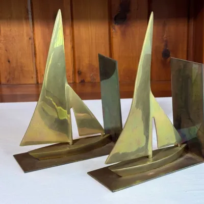 Pair Of Vintage Brass Sailboat Book Ends