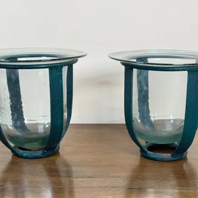 Pair Of Wrought Iron And Clear Glass Hurricane Lanterns
