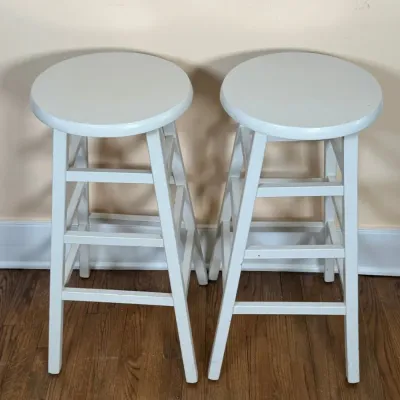 Pair Of Painted White Wood Bar Height Stools