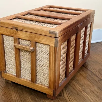 Vintage Woven Cornstalk And Wooden Trunk