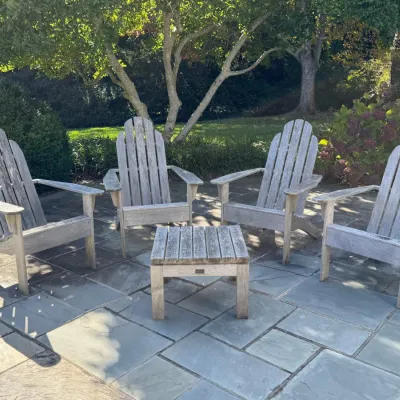 Set Of Four Wood Classics Teak Adirondack Chairs With Small Square Side Table