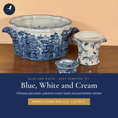 Blue, White and Cream: Chinese blue-and-white porcelain, painted cream beds and periwinkle wicker