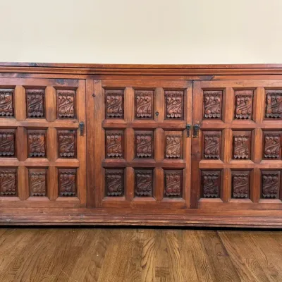 Large Antique Three Door Sideboard With Wrought Iron Detail