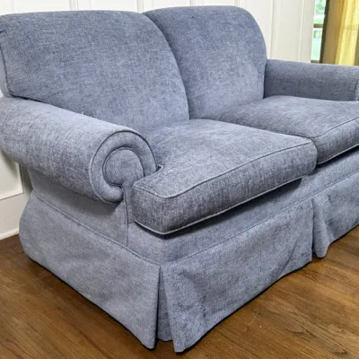Custom Blue Fabric Upholstered Loveseat - Shows Some Signs Of Use (1 Of 2)