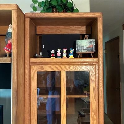 Sale Photo Thumbnail #13: Vintage honey oak entertainment center cabinet with glass-paneled display door, housing small Disney character figurines and decorative art on the upper shelf.