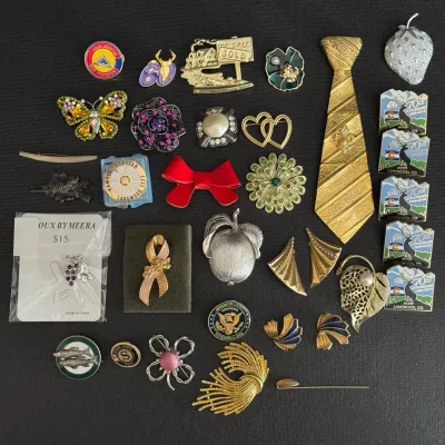 Collection of vintage costume jewelry, including brooches, lapel pins, tie clips, and novelty pins.