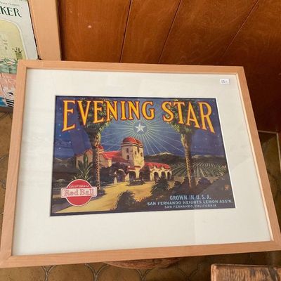 Framed vintage-style 'Evening Star' California Red Ball citrus crate label print 