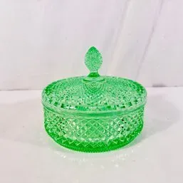 Sale Photo Thumbnail #263: Vintage green Depression-style pressed glass trinket dish with diamond point pattern and matching lid.