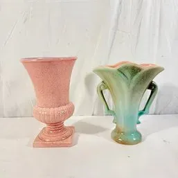 Sale Photo Thumbnail #85: Pair of vintage art pottery urn vases, featuring a speckle-glazed pink pedestal urn and a two-handled green and pink fluted vase.