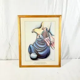 Sale Photo Thumbnail #240: Framed Native American art print featuring a figure with an eagle, presented in a light wood frame with a cream mat.
