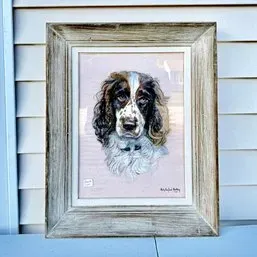 Sale Photo Thumbnail #41: Framed dog portrait depicting a Springer Spaniel, housed in a weathered rustic wooden frame.