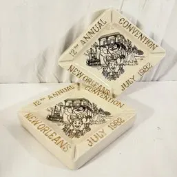 Sale Photo Thumbnail #95: Pair of square ceramic souvenir ashtrays from the 12th Annual Convention in New Orleans, dated July 1982.