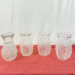 Sale Photo Thumbnail #201: Set of four vintage clear pressed glass hyacinth or bulb vases with diamond pattern texture.