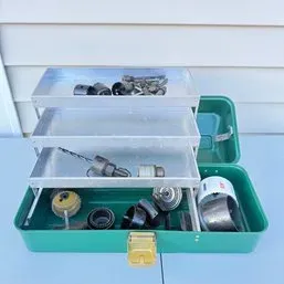 Sale Photo Thumbnail #25: Vintage green metal cantilever tackle or tool box filled with various drill bits, hole saws, and hardware attachments.