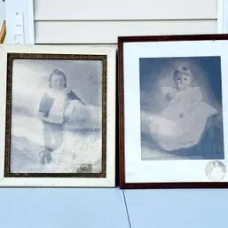 Sale Photo Thumbnail #37: Pair of antique framed solar enlargements featuring portraits of children in vintage attire.