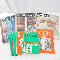 Sale Photo Thumbnail #157: Collection of vintage periodicals and guidebooks, including issues of Post magazine, German hiking maps by Freytag & Berndt, and a copy of Alfred Brehm's Tiere.