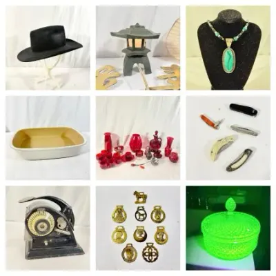 Sale Photo Thumbnail #248: Grid showcase of diverse estate items, including vintage glassware, pocket knives, jewelry, a black hat, metal collectibles, and a green uranium glass lidded dish.