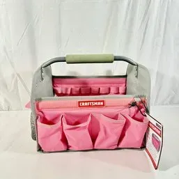 Sale Photo Thumbnail #6: Craftsman open-top pink and gray fabric tool tote bag with metal handle, new with original store tag attached.