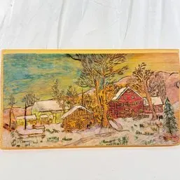 Sale Photo Thumbnail #123: Hand-painted pyrography wood plank art featuring a rustic winter farm scene with a red barn.