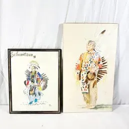 Sale Photo Thumbnail #33: Pair of framed and unframed Native American themed artworks depicting figures in traditional regalia, including a Schemitzun '98 poster.