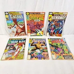 Sale Photo Thumbnail #266: Collection of six vintage Bronze Age Marvel comic books, including Tarzan, Peter Parker The Spectacular Spider-Man, Doctor Strange, Iron Man, The Avengers, and The Incredible Hulk.