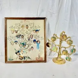 Sale Photo Thumbnail #7: Framed vintage illustrated family tree print alongside a gold-tone brass tree-shaped photo stand with round hanging frames.
