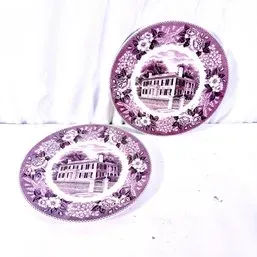 Sale Photo Thumbnail #195: Pair of purple transferware ceramic plates featuring an estate scene framed by floral borders.