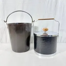 Sale Photo Thumbnail #42: Pair of mid-century vintage ice buckets, including a brown metallic bucket and a black faux-alligator skin bucket with chrome trim.