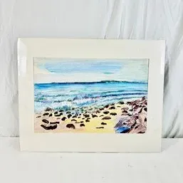 Sale Photo Thumbnail #39: Original matted coastal landscape painting depicting a rocky shoreline and ocean waves, mounted in a wide white mat.