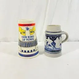 Sale Photo Thumbnail #72: Pair of ceramic beer steins, including a 1982 Chicago Soldier Field commemorative stein and a traditional German-style blue and grey relief stein.