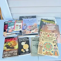 Sale Photo Thumbnail #15: Collection of assorted vintage and contemporary paperback and hardcover books, covering topics like craft hobbies, art, coin hunting, and fiction.