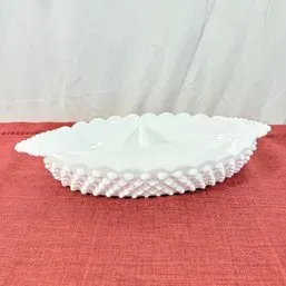 Sale Photo Thumbnail #202: Vintage white milk glass hobnail divided serving dish with scalloped edges.