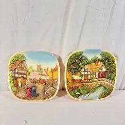 Sale Photo Thumbnail #89: Pair of vintage hand-painted relief wall plaques depicting idyllic English cottage and village scenes.