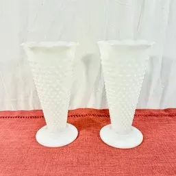 Sale Photo Thumbnail #235: Pair of vintage Fenton white milk glass hobnail trumpet vases with ruffled rims.