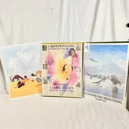 Sale Photo Thumbnail #245: Trio of framed Native American-themed art prints, including a poster for the Mountain Eagle Indian Festival and a Lakota Women commemorative print.